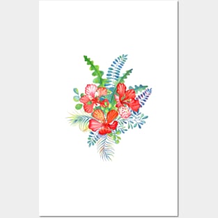 Tropical red Delonix flowers and palm leaves bouquet Posters and Art